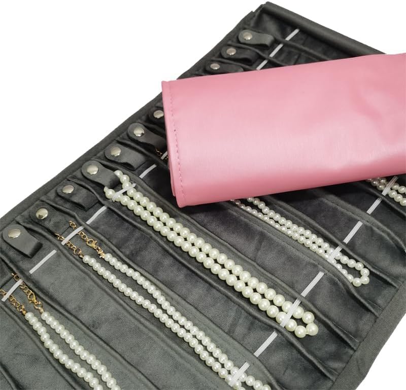 SCIKHEFT Portable Jewelry Roll Untangled Secure Necklace Travel Storage Bag Displays Holder 16 Chain (Pink PU and gray velvet) - Image 5