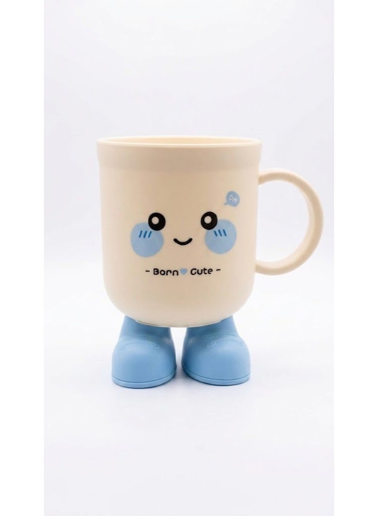 Kids Plastic Mug with Handle and Cute 3D Standing Feet Design - Cream & Baby Blue.