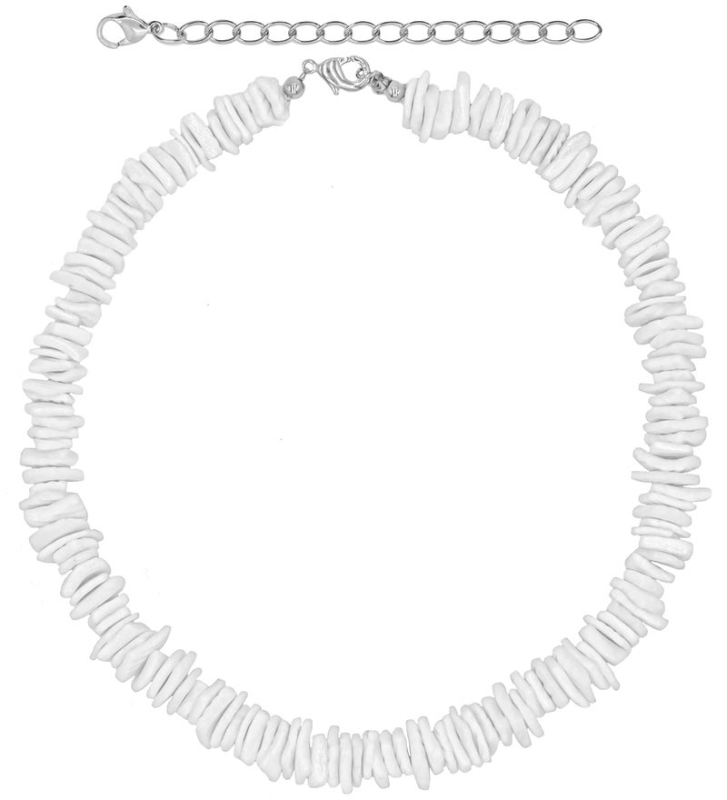 Fablinks Puka Shell Necklace, White Hawaiian Seashell Accessories for Men and Women, Beach Surfer Beaded Necklaces, Summer Clam Chip Bead Shells Choker Jewelry (14 Inches)