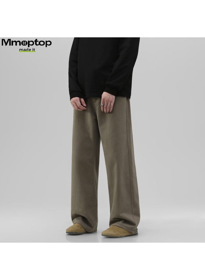 Mmoptop Trendy Versatile Vibe Pure Cotton Denim Pants Autumn Winter Men's Floor-length Wide-leg Trousers Mnzk20 Khaki 3XL - Image 4
