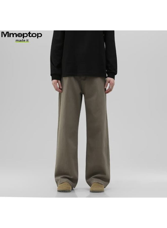 Mmoptop Trendy Versatile Vibe Pure Cotton Denim Pants Autumn Winter Men's Floor-length Wide-leg Trousers Mnzk20 Khaki 3XL - Image 2
