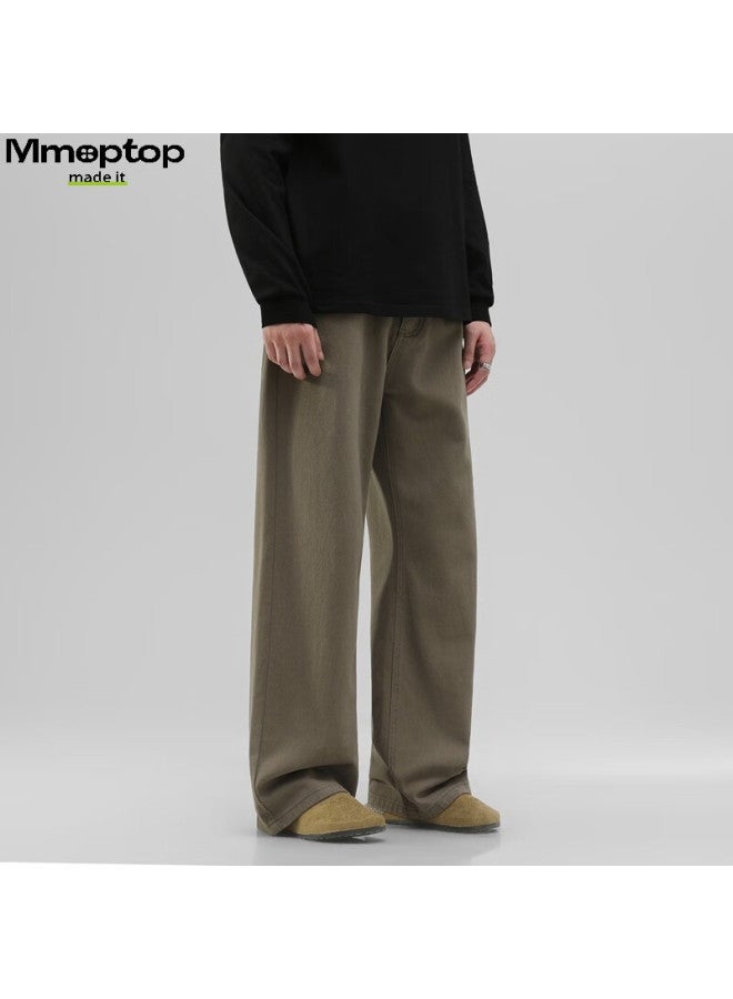 Mmoptop Trendy Versatile Vibe Pure Cotton Denim Pants Autumn Winter Men's Floor-length Wide-leg Trousers Mnzk20 Khaki 3XL - Image 3