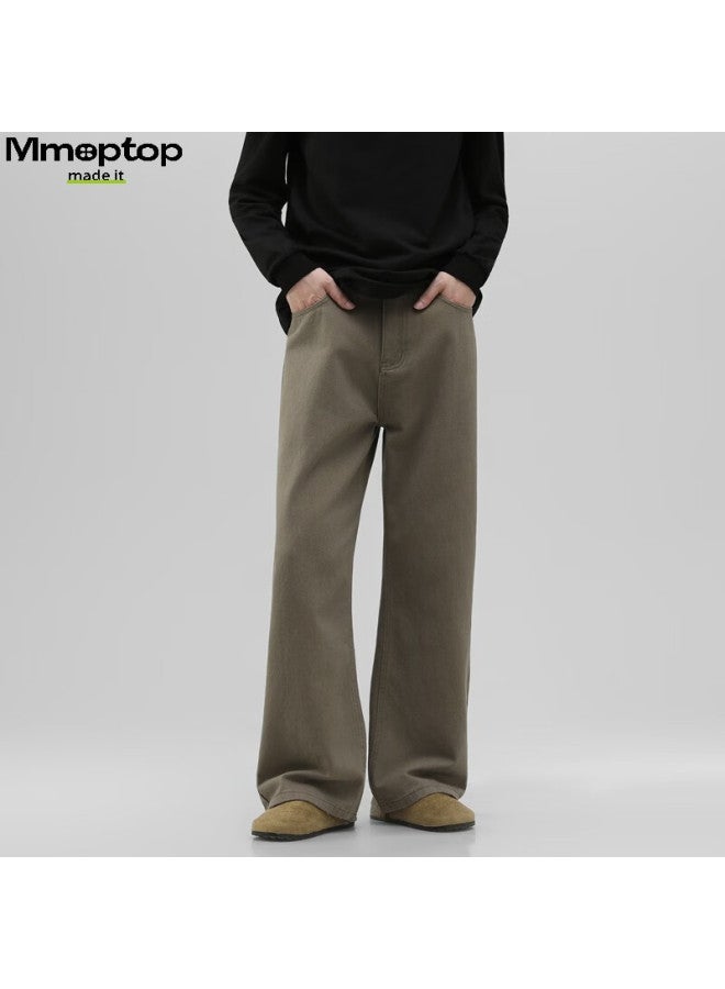 Mmoptop Trendy Versatile Vibe Pure Cotton Denim Pants Autumn Winter Men's Floor-length Wide-leg Trousers Mnzk20 Khaki 3XL - Image 1