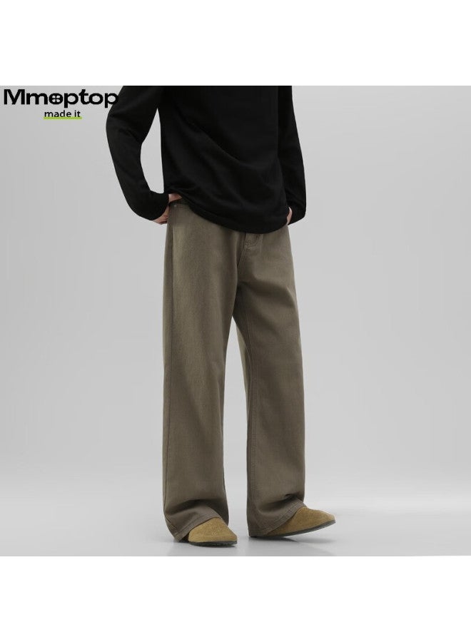 Mmoptop Trendy Versatile Vibe Pure Cotton Denim Pants Autumn Winter Men's Floor-length Wide-leg Trousers Mnzk20 Khaki 3XL - Image 5