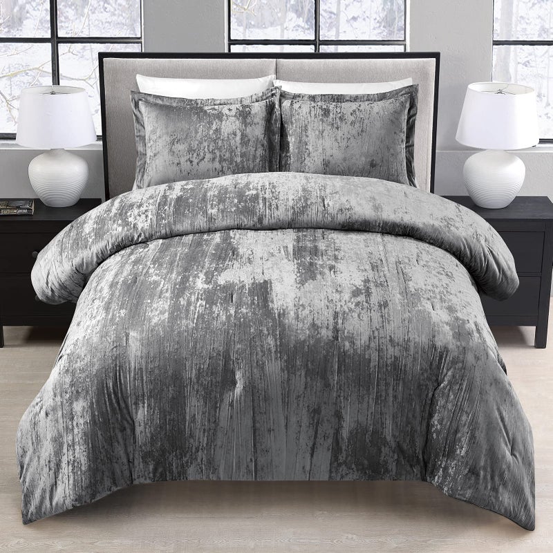 Fredsure Crinkle Velvet Comforter Set, 3 Pieces Grey King, Crinkle Velvet Face and Brushed Microfiber Reverse - Image 2