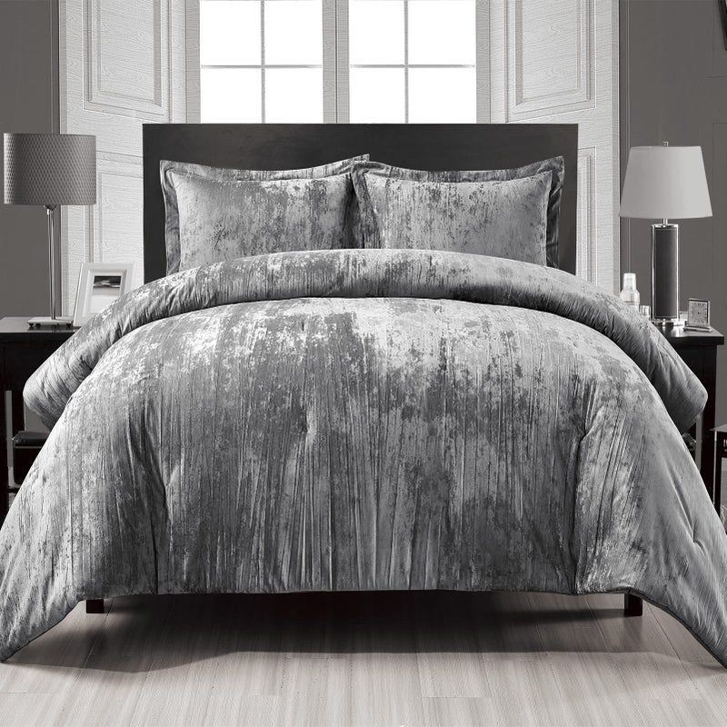 Fredsure Crinkle Velvet Comforter Set, 3 Pieces Grey King, Crinkle Velvet Face and Brushed Microfiber Reverse - Image 1