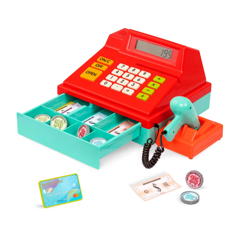 BATTAT Battat – Toy Cash Register For Kids, Toddlers – 49Pc Register With Toy Money, Credit Card, Scanner– Pretend Play Toy – 3 Years + – Red Calculating Cash Register With Scanner  - Image 1