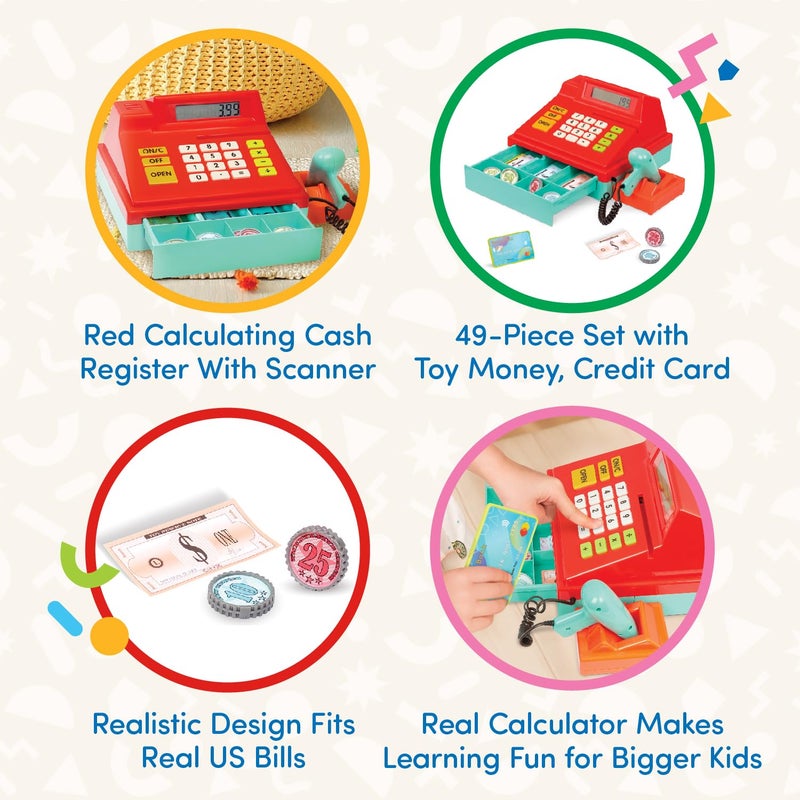 BATTAT Battat – Toy Cash Register For Kids, Toddlers – 49Pc Register With Toy Money, Credit Card, Scanner– Pretend Play Toy – 3 Years + – Red Calculating Cash Register With Scanner  - Image 3