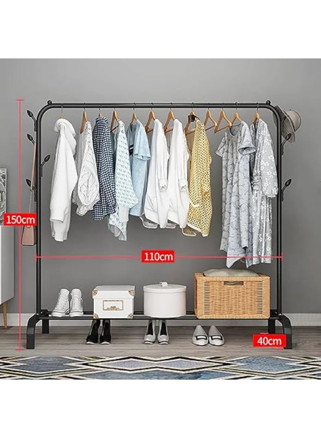 رف ملابس متحرك، رف معدني لتعليق الملابس، رف متين للملابس والأحذية للاستخدام الداخلي في غرفة النوم، مزود بقضيب علوي ورف تخزين سفلي، سهل التخزين، لون أسود - Image 2
