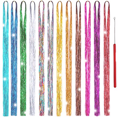 Hair Tinsel Kit 12 Colors 2500 Strands 48 Inches Sparkling Tinsel Hair Extensions with Tool Fairy Hair Tinsel for Birthday Halloween Christmas New Year Party