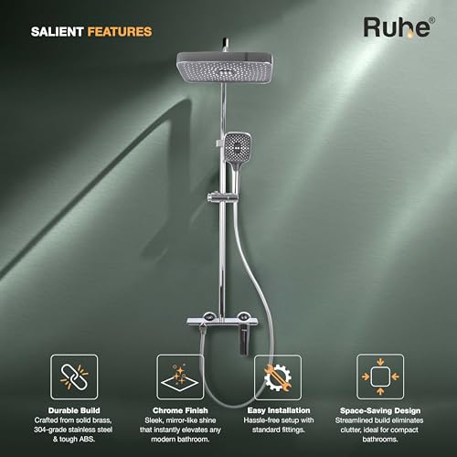 RUHE مجموعة لوحة دش ذكية Ruhe Rain، ثلاث وظائف تدفق، تثبيت جداري بتشطيب كروم | لوحة دش بارتفاع قابل للتعديل | تشمل دش علوي، دش يدوي ثلاثي التدفق مع ملحقات التثبيت - Image 4