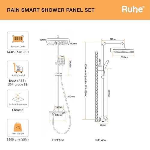 RUHE مجموعة لوحة دش ذكية Ruhe Rain، ثلاث وظائف تدفق، تثبيت جداري بتشطيب كروم | لوحة دش بارتفاع قابل للتعديل | تشمل دش علوي، دش يدوي ثلاثي التدفق مع ملحقات التثبيت - Image 2