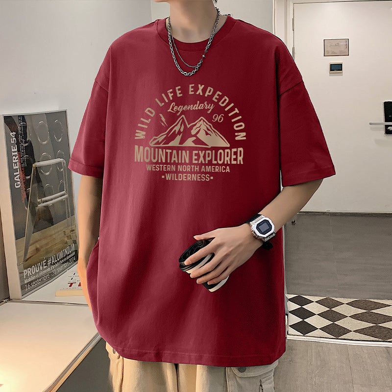 25 New Cotton Shoulder Short-Sleeved T-Shirt Men'S New Korean Round Neck Printed All-Match Casual Base Shirt Trendy - Image 1