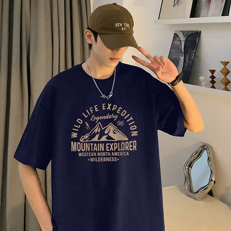 25 New Cotton Shoulder Short-Sleeved T-Shirt Men'S New Korean Round Neck Printed All-Match Casual Base Shirt Trendy - Image 2
