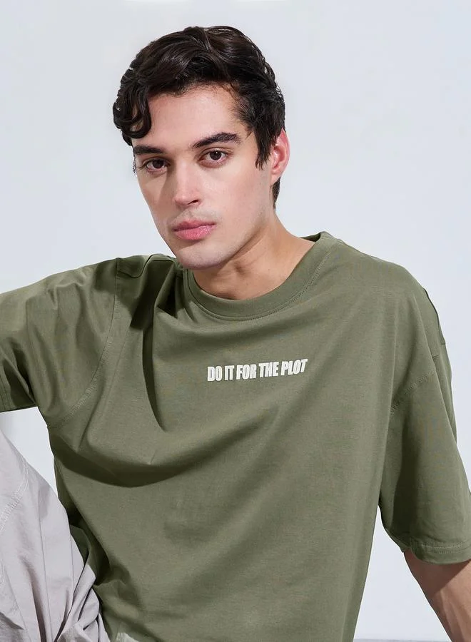 Styli Men Olive Oversized Front HD Print Jersey T-Shirt