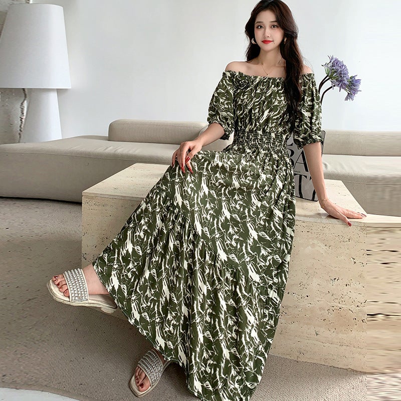 Summer New Beach Dress Rayon Floral Print Maxi Off-Shoulder Short Sleeve
