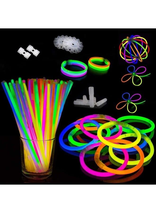 SHATCHI 100Pcs Glow Fun Pack-204Pcs Glowin Dark Sticks, Connectors for Bracelets and Necklaces Balls Flowers Rave Accessories Halloween Party Bag Fillers Disco Props, Multi Colour 