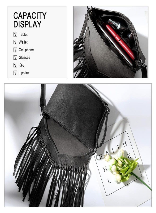 LUI SUI Women Fringe Hobo Purse Vintage Tassel Shoulder Bag Black Tassel Handbags - Image 3