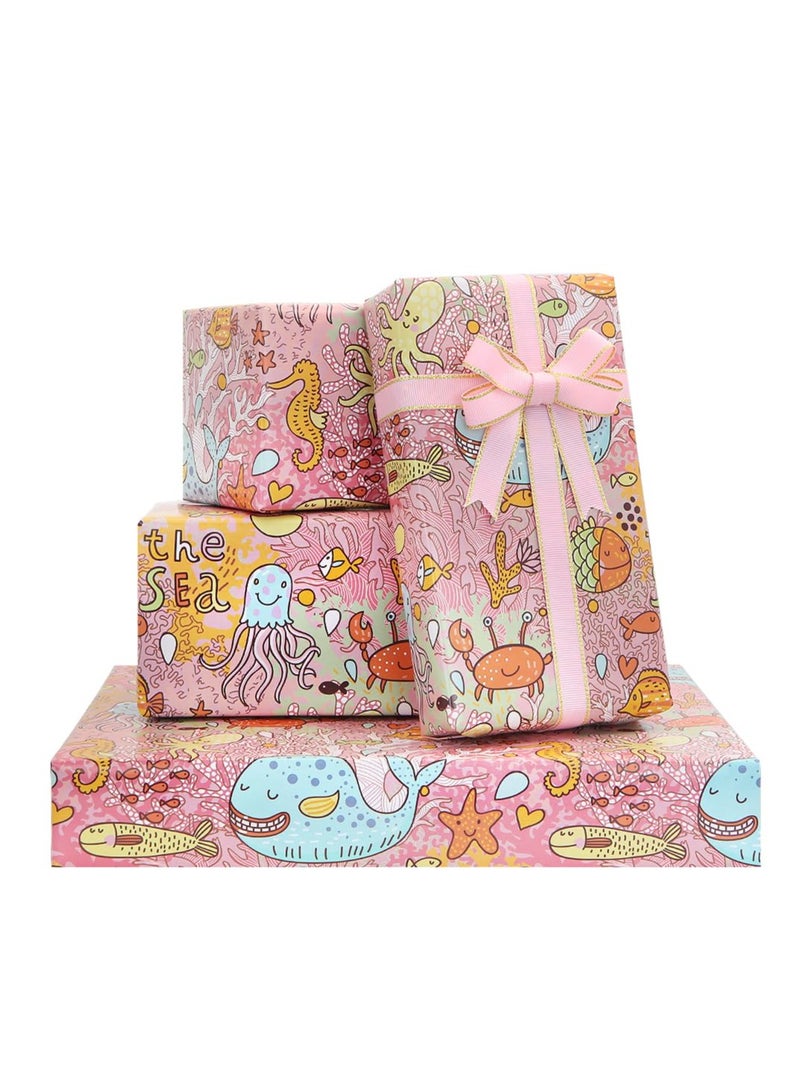 Excefore 10pcs Birthday Wrapping Papers for Kids Girls Boys, Whale Sea Horse Coral Fish Designs Gift Wrap Paper for Birthday or Baby Shower, with Color Wrapping  Ribbon - Image 1