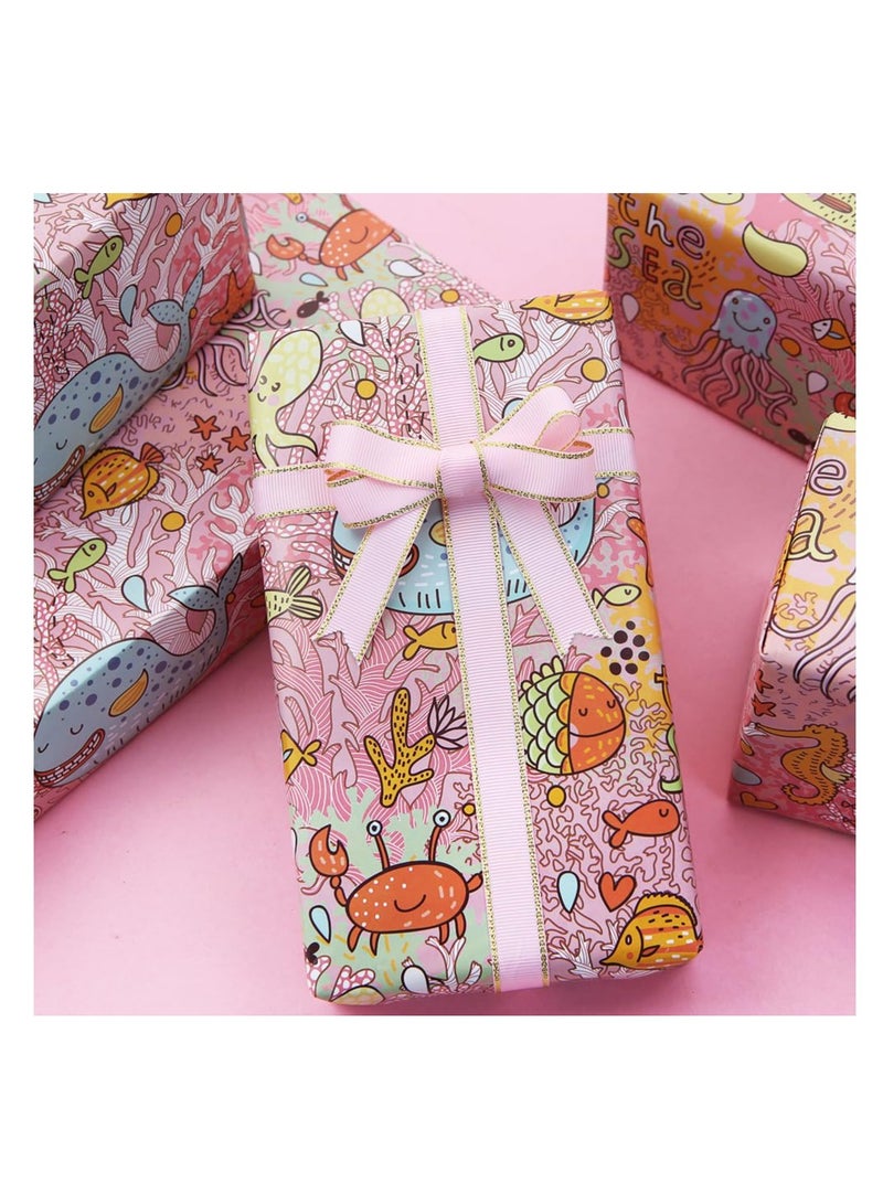 Excefore 10pcs Birthday Wrapping Papers for Kids Girls Boys, Whale Sea Horse Coral Fish Designs Gift Wrap Paper for Birthday or Baby Shower, with Color Wrapping  Ribbon - Image 4