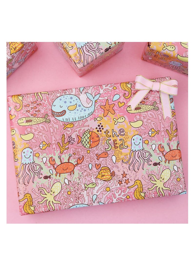 Excefore 10pcs Birthday Wrapping Papers for Kids Girls Boys, Whale Sea Horse Coral Fish Designs Gift Wrap Paper for Birthday or Baby Shower, with Color Wrapping  Ribbon - Image 5