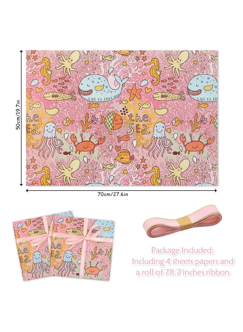 Excefore 10pcs Birthday Wrapping Papers for Kids Girls Boys, Whale Sea Horse Coral Fish Designs Gift Wrap Paper for Birthday or Baby Shower, with Color Wrapping  Ribbon - Image 3