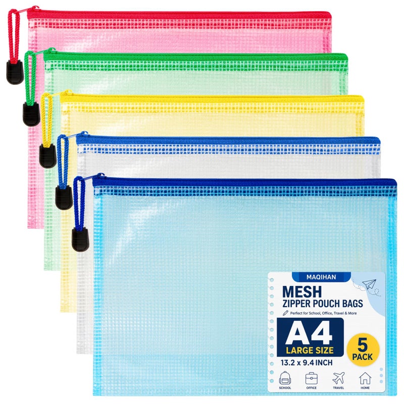 MAQIHAN Mesh Zipper Pouch Bags 5 Pack Large Waterproof Zipper Bags 132 x 94 Inch Clear Mesh Storage Pouches Assorted Colors for Home Office School Travel Puzzles Board Game Cosmetic Accessories - Image 2