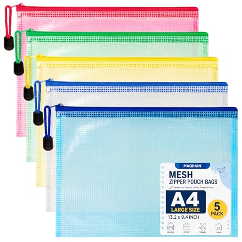 MAQIHAN Mesh Zipper Pouch Bags 5 Pack Large Waterproof Zipper Bags 132 x 94 Inch Clear Mesh Storage Pouches Assorted Colors for Home Office School Travel Puzzles Board Game Cosmetic Accessories - Image 1