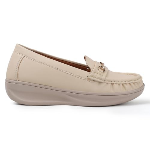 KRAFTER Chunky Slip-On Casual Comfort, Trendy Style, Easy Wear Loafers for Women & Girls-Beige-M047-38 - Image 2