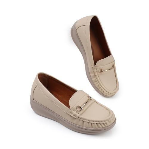 KRAFTER Chunky Slip-On Casual Comfort, Trendy Style, Easy Wear Loafers for Women & Girls-Beige-M047-38 - Image 5