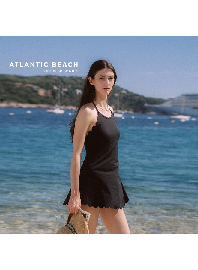 Atlanticbeach 2025 New Popular Halter Neck One-piece Swimsuit For Women, Summer Hot Spring Vacation, Backless Tummy-covering Little Black Dress Style Swimwear - Image 1
