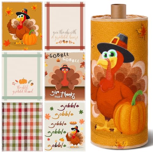 Mindsoft 36 Pcs Thanksgiving Reusable Paper Towels Rolls Washable Bulk Thanksgiving Pumpkin Turkey Kitchen Towels Paperless Reusable Cloth Cotton Napkins with Cardboard for Kitchen Bathroom - Image 1