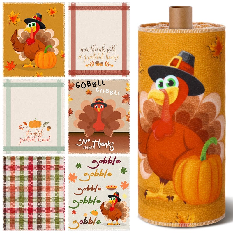 Mindsoft 36 Pcs Thanksgiving Reusable Paper Towels Rolls Washable Bulk Thanksgiving Pumpkin Turkey Kitchen Towels Paperless Reusable Cloth Cotton Napkins with Cardboard for Kitchen Bathroom - Image 2
