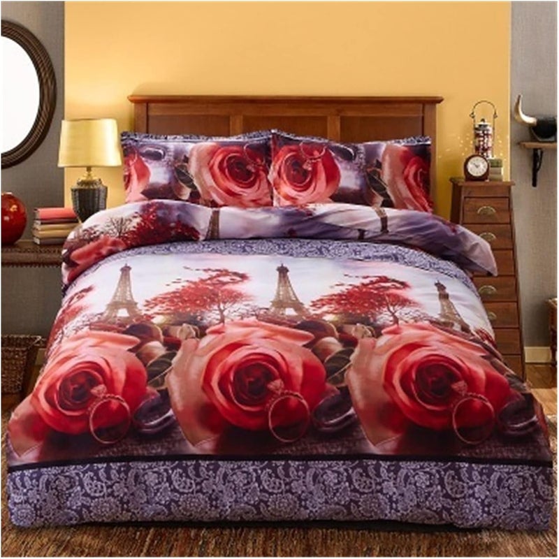 Flower 3D Quilt Cover Bedding Sets Linen Bed Sheet Pillow Case 4PCS Camellia Double Twin Reactive Print(Rose Tower) - Image 1