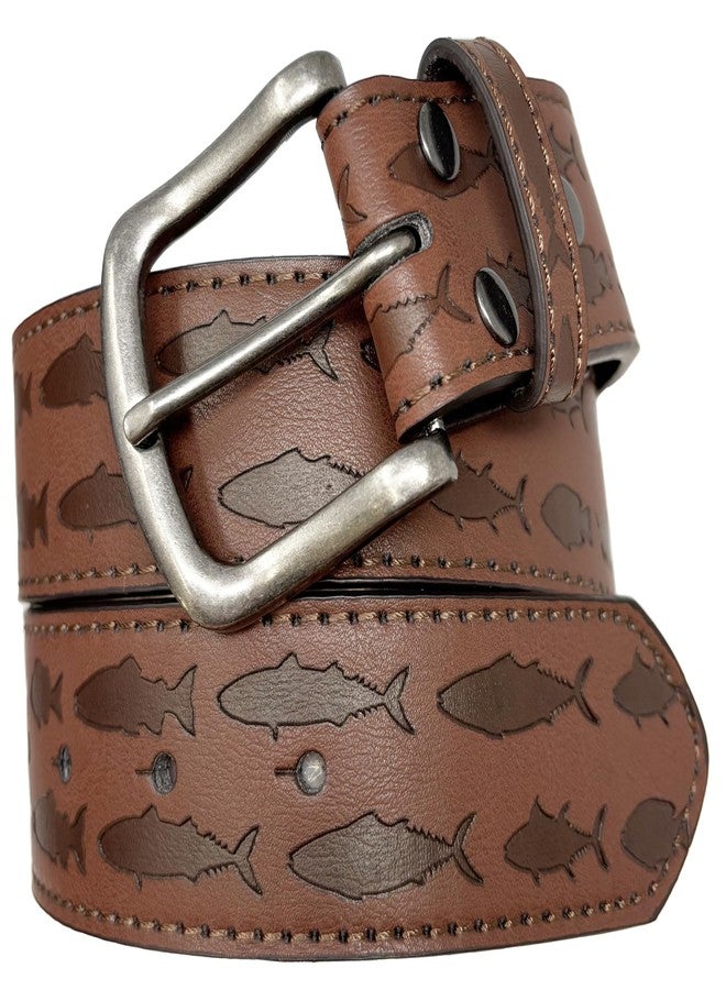 BC Belts Fish Pattern Leather Belt Strap and Metal Buckle 1.5" Wide with Snaps - Ocean Lake River Fishing Angler Bass (Brown-M) - Image 1