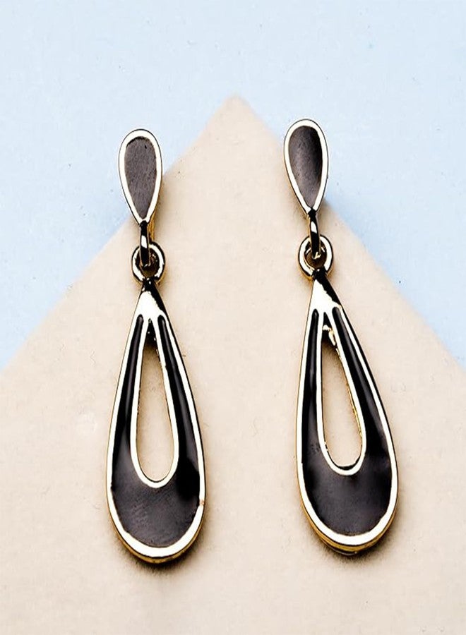 Estele 24K Gold Tone Plated Brass Metal Black Enamel Small Drop Earrings For Girls and Women - Image 2