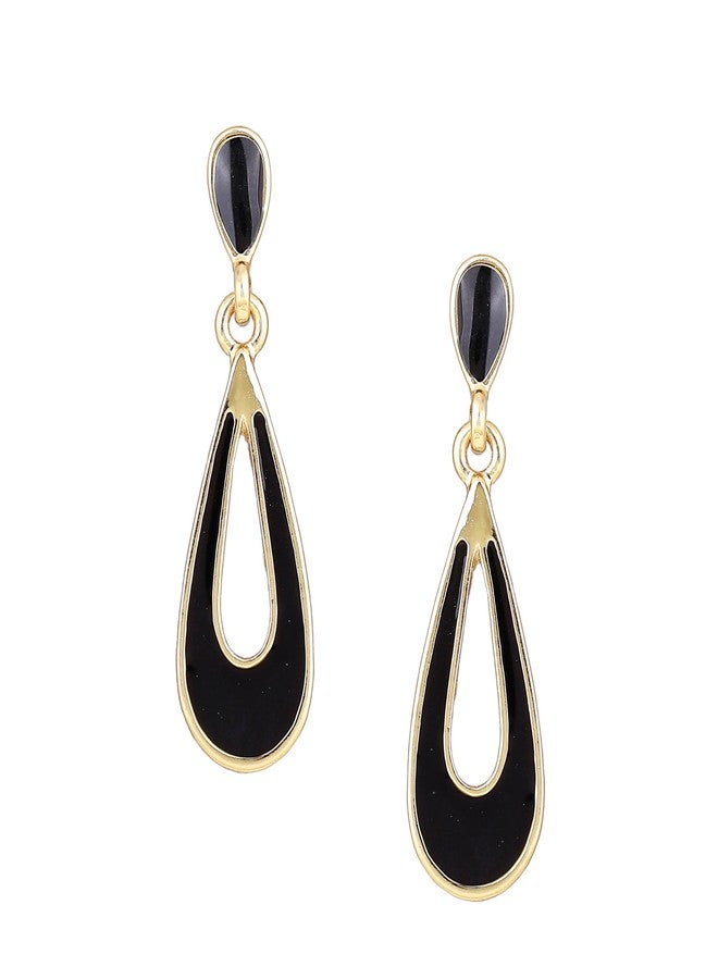 Estele 24K Gold Tone Plated Brass Metal Black Enamel Small Drop Earrings For Girls and Women - Image 1