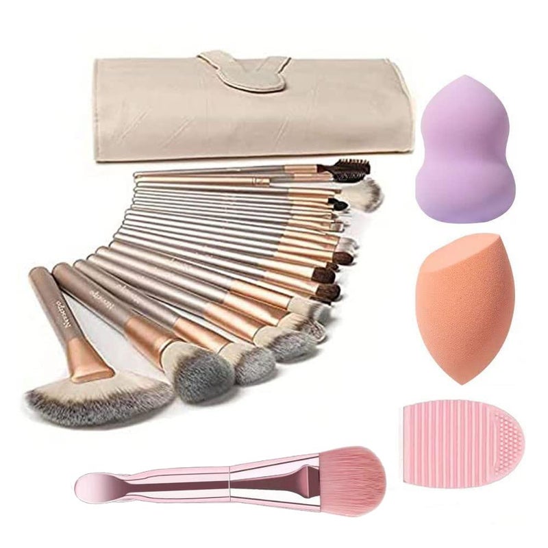 NEVSETPO NEVSETPO Makeup Brushes, Makeup Brush Set Makeup Kits 28Pcs with Beauty Blenders Silicone Face Mask Brush Synthetic Foundation Powder Concealers Eye shadows Blush Travel Makeup Bag Included, Champagne