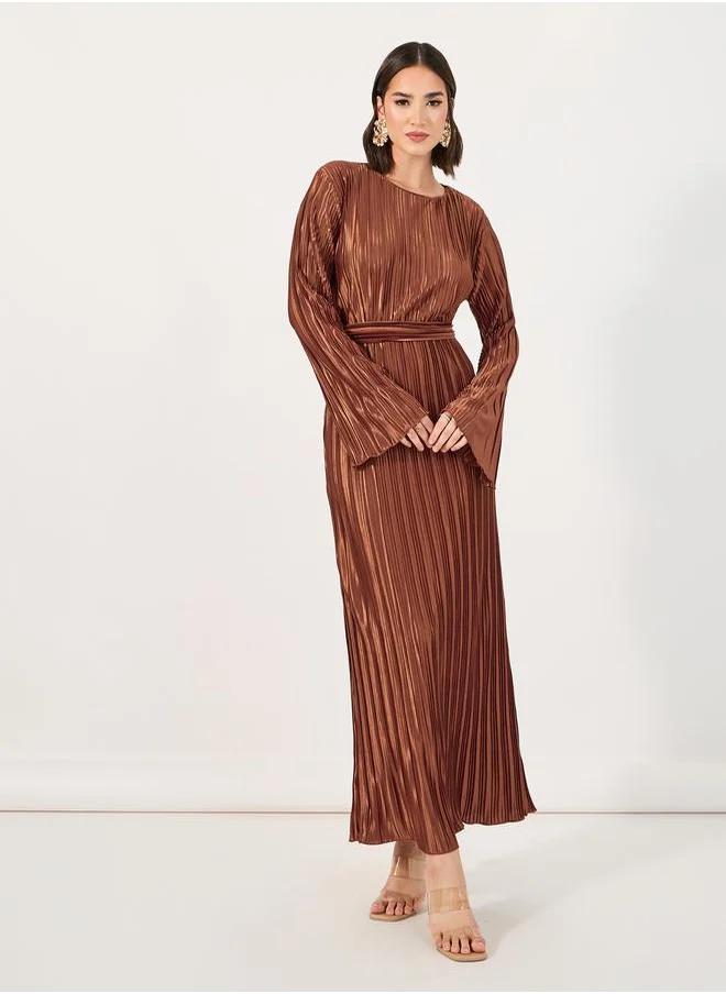 Styli Self Tie Belt Plisse Shift Maxi Dress