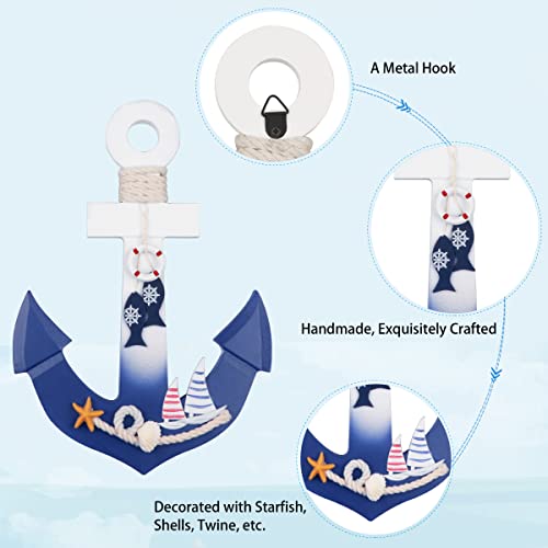 Meching 2 Pack 11" Nautical Beach Wooden Ship Wheel and 11" Wooden Anchor with Rope Nautical Boat Steering Wheel Rudder Anchor Wall Art Decor Door Hanging Ornament Beach Theme Home Decoration(White&Blue) - Image 5