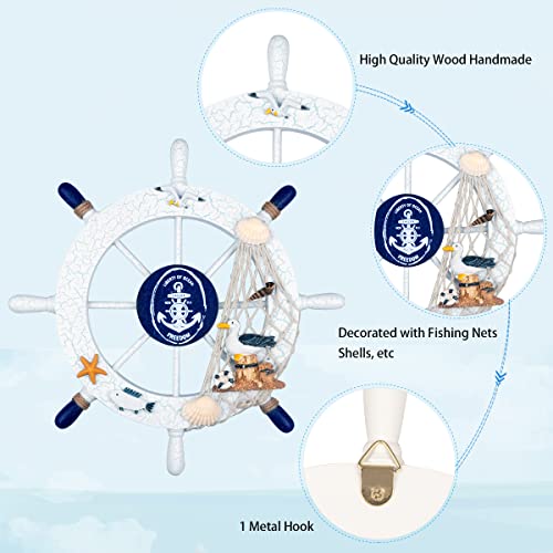 Meching 2 Pack 11" Nautical Beach Wooden Ship Wheel and 11" Wooden Anchor with Rope Nautical Boat Steering Wheel Rudder Anchor Wall Art Decor Door Hanging Ornament Beach Theme Home Decoration(White&Blue) - Image 4