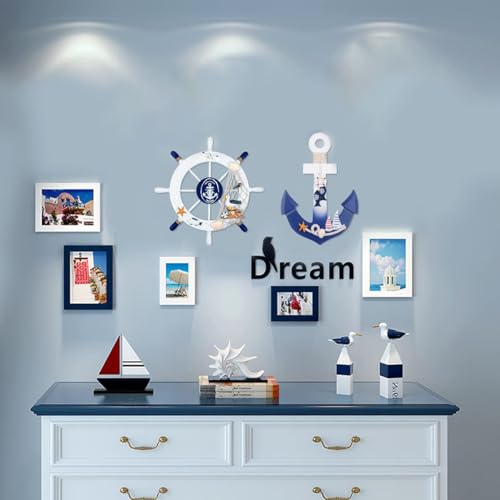 Meching 2 Pack 11" Nautical Beach Wooden Ship Wheel and 11" Wooden Anchor with Rope Nautical Boat Steering Wheel Rudder Anchor Wall Art Decor Door Hanging Ornament Beach Theme Home Decoration(White&Blue) - Image 3
