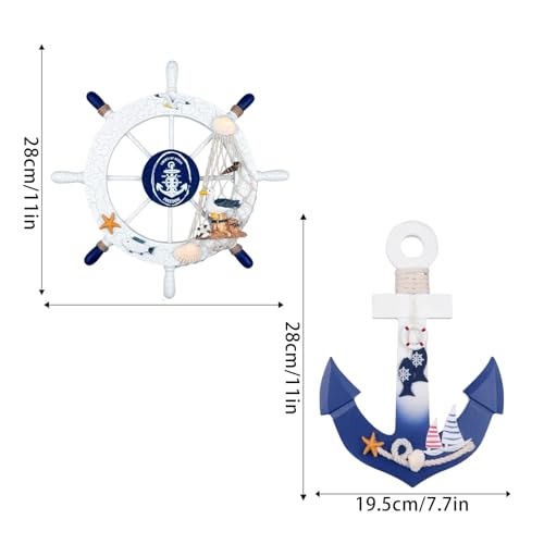Meching 2 Pack 11" Nautical Beach Wooden Ship Wheel and 11" Wooden Anchor with Rope Nautical Boat Steering Wheel Rudder Anchor Wall Art Decor Door Hanging Ornament Beach Theme Home Decoration(White&Blue) - Image 2