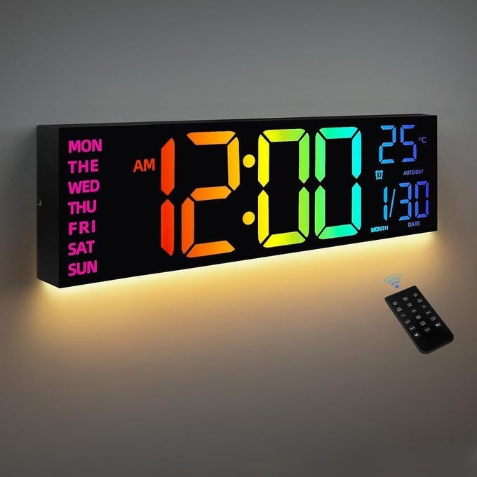 GTREX PLASTIC 16 LARGE DIGITAL WALL CLOCK WITH REMOTE CONTROL DUAL ALARM WITH BIG LED SCREEN DISPALY 8 RGB COLORS BEDROOM DESK DECOR MOUNTED ELDERLY BLACK