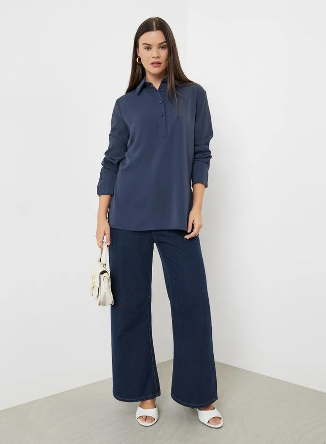 Styli Blue Longline Shirt with Half Placket
