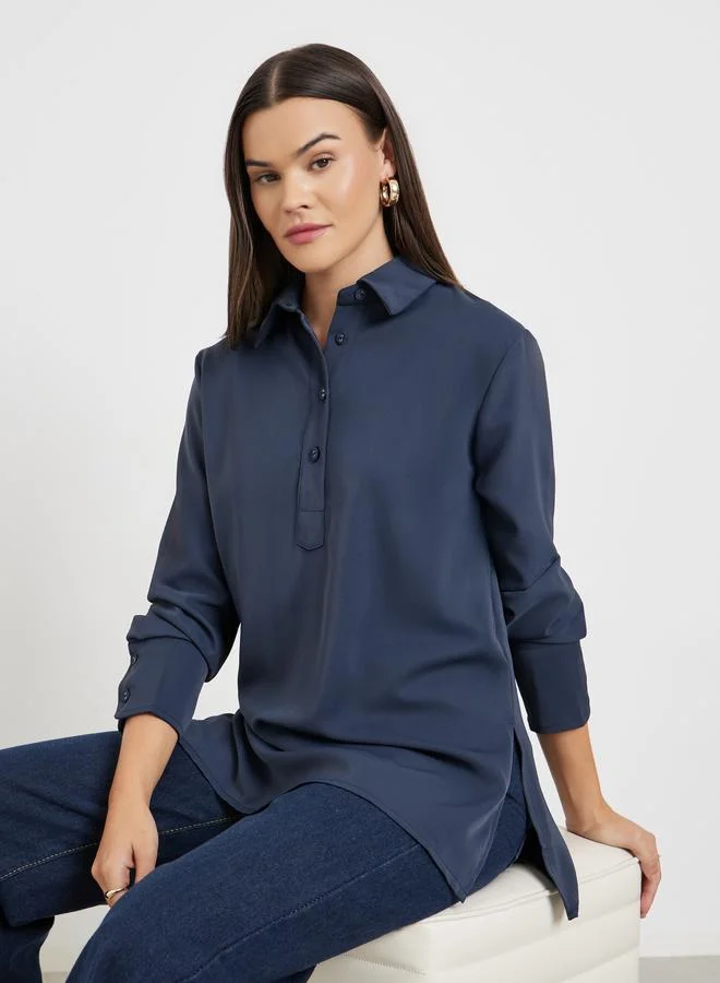 Styli Blue Longline Shirt with Half Placket