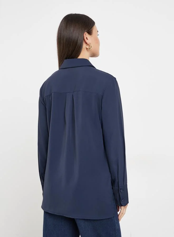 Styli Blue Longline Shirt with Half Placket