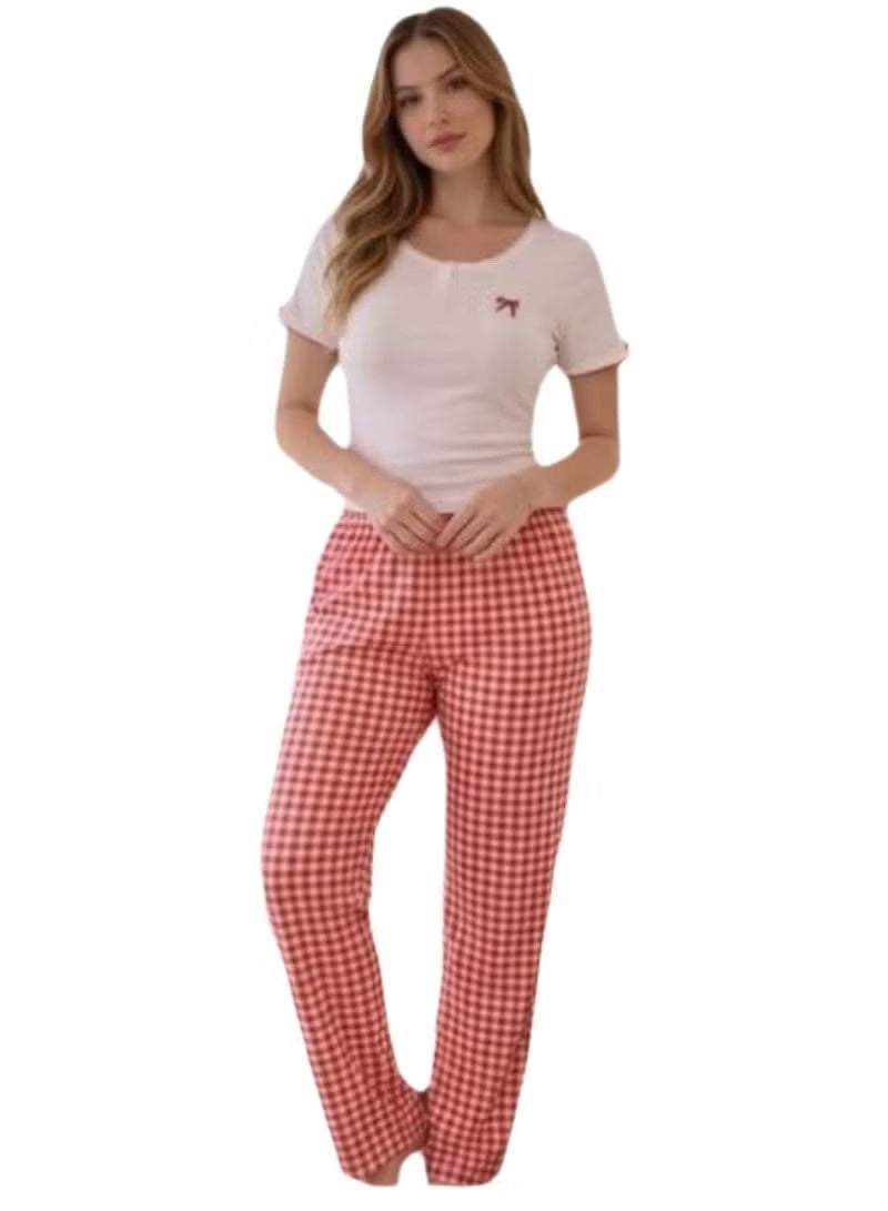 Women's Soft Cotton Pajama Set 2 Piece Short Sleeve Crew Neck T Shirt and Plaid Long Pants Lounge Wear Breathable Comfortable Sleepwear Casual Nightwear Home Clothes Relax Fit Lightweight Loungewear for Women Up to 75 KG - Image 1