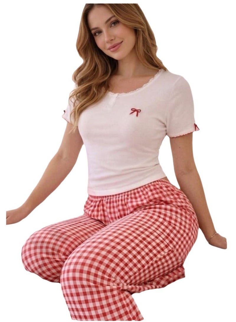 Women's Soft Cotton Pajama Set 2 Piece Short Sleeve Crew Neck T Shirt and Plaid Long Pants Lounge Wear Breathable Comfortable Sleepwear Casual Nightwear Home Clothes Relax Fit Lightweight Loungewear for Women Up to 75 KG - Image 2