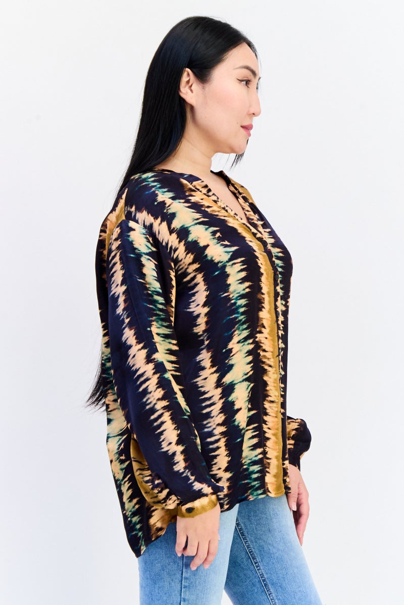 Another Sunday Women V Neck Long Sleeve Allover Print Blouse, Multicolor - Image 2